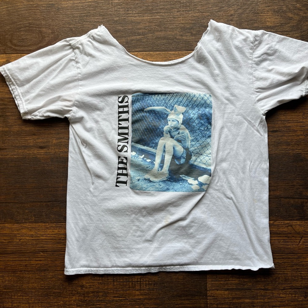 Women’s The Smiths T-Shirt White Logo NO SIZE UK 80s MOZ New Wave Gummo DISTRESS
